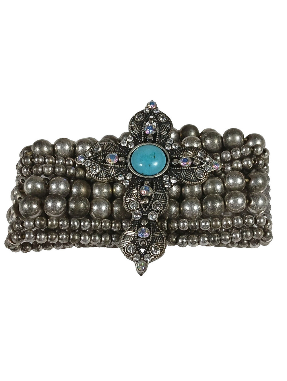 Sparkling Rhinestone 7-layer Stretch Turquoise Silve tone Cross Western Bracelet